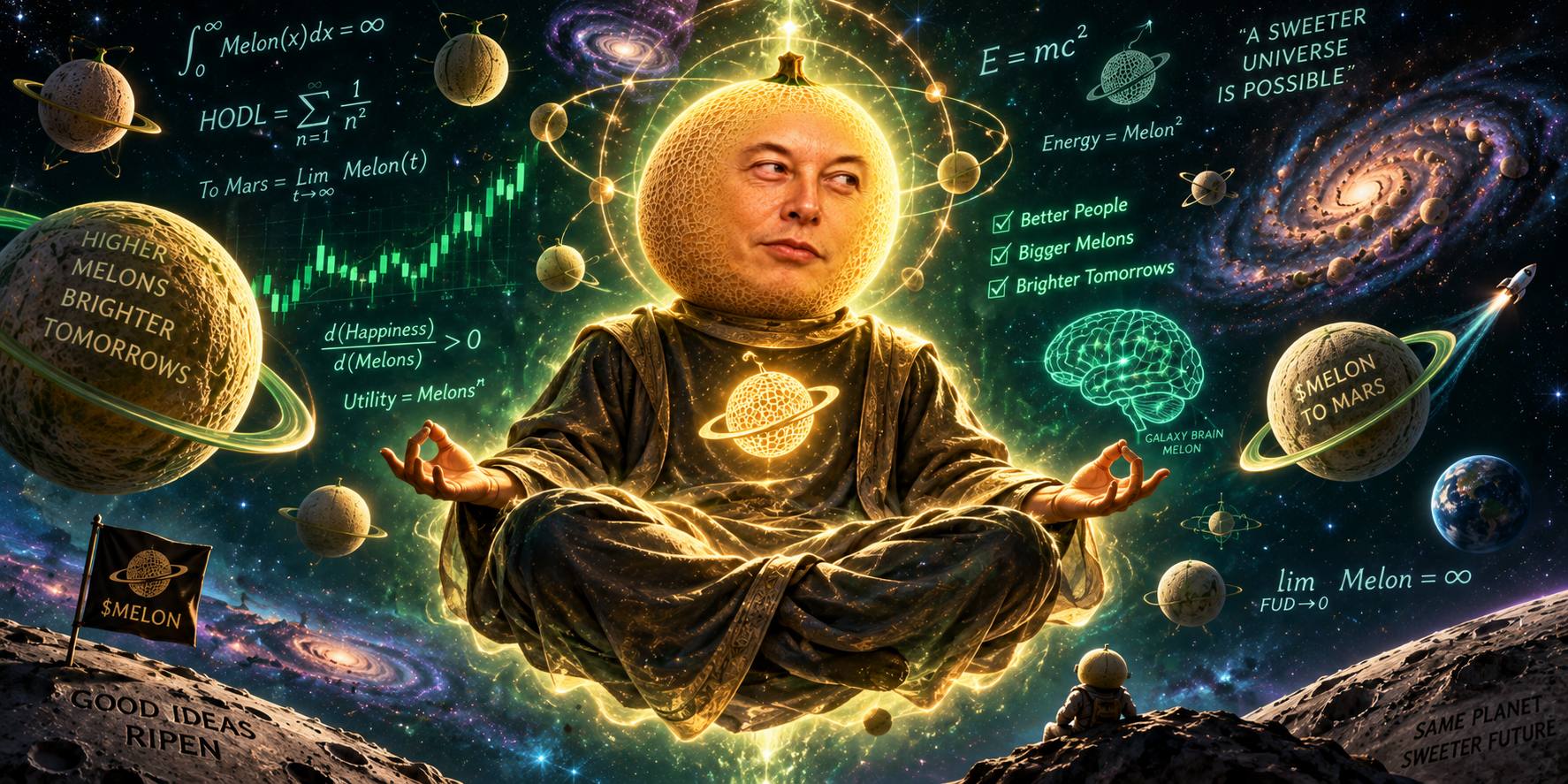 Melon Musk meditating in space as a galaxy brain guru
