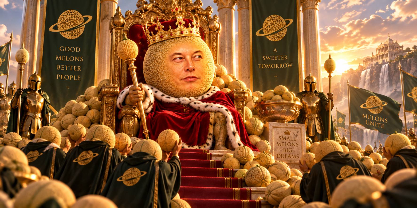 Melon Musk as a crowned king on a golden throne