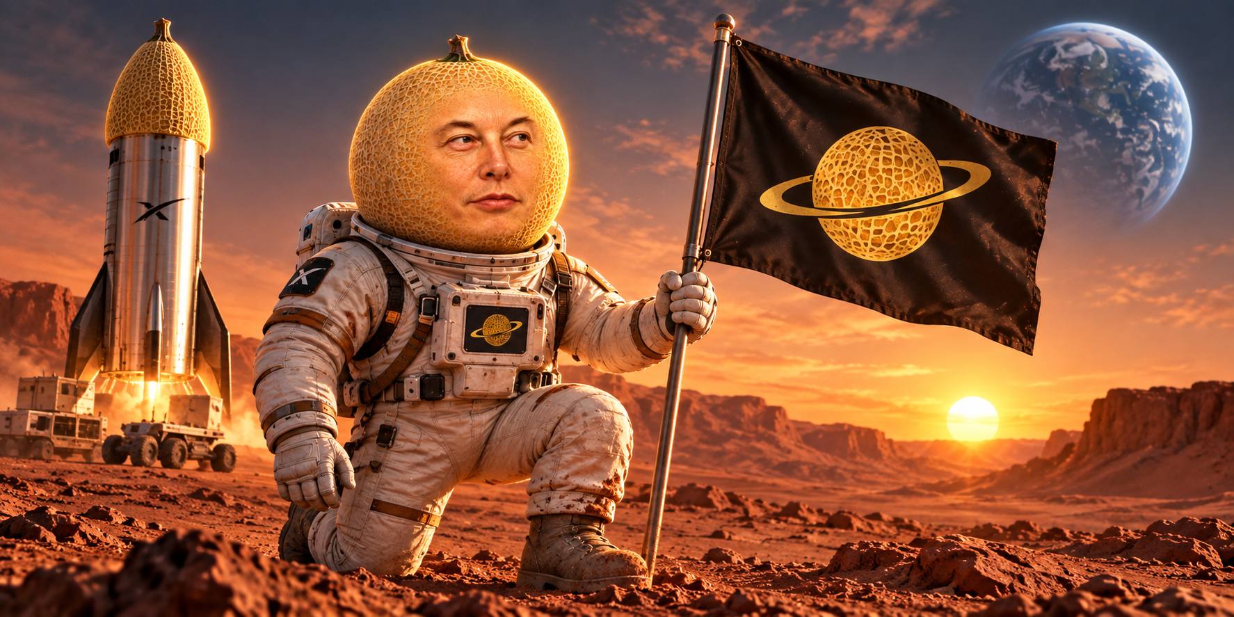 Melon Musk astronaut planting a flag on Mars