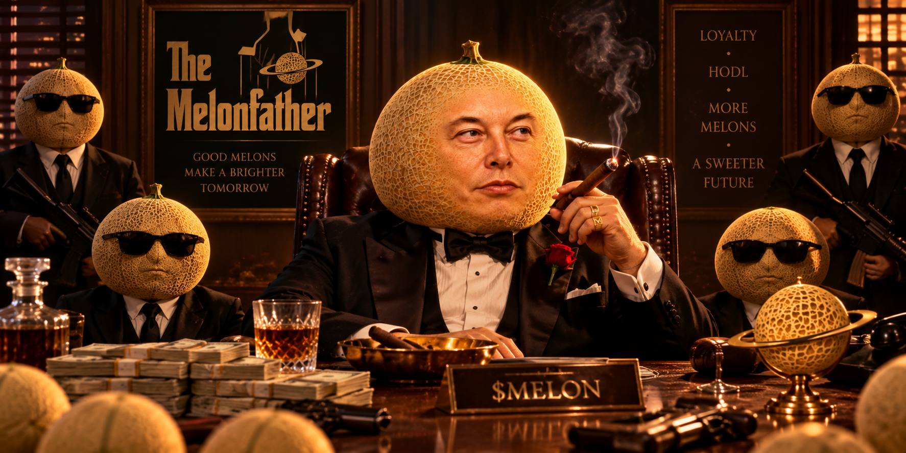 Melon Musk as The Melonfather in a tuxedo with a cigar