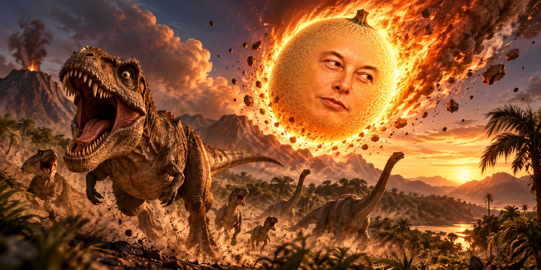 Melon Musk as a fiery meteor crashing toward dinosaurs