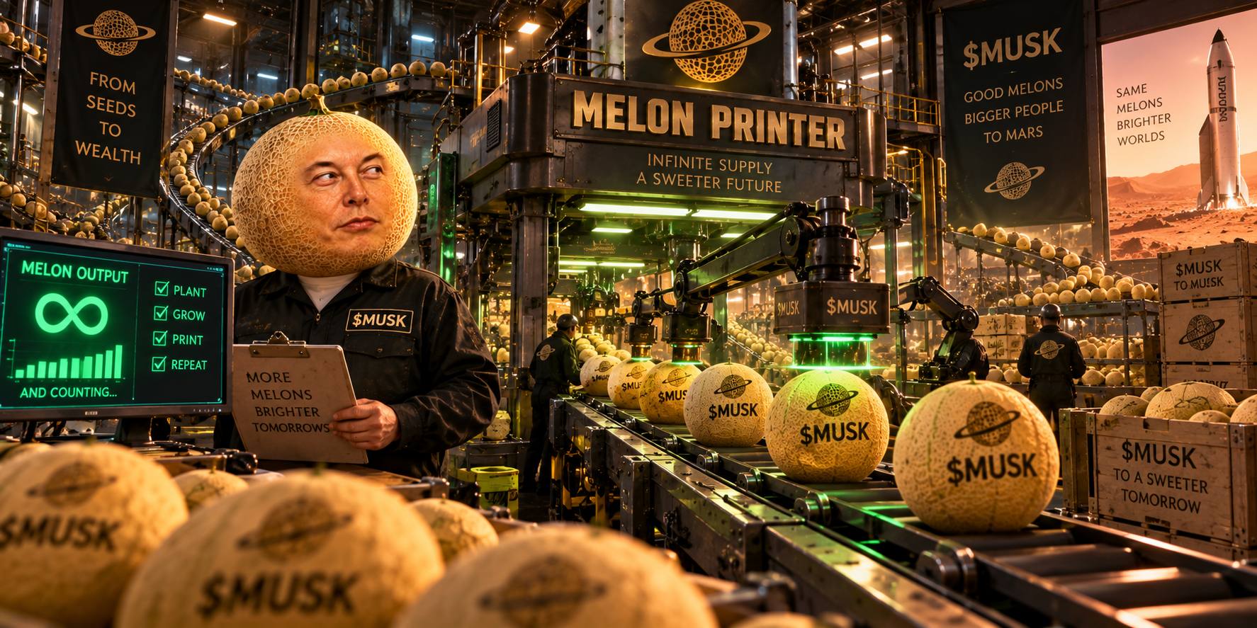 Melon Musk running the $MUSK melon printer factory